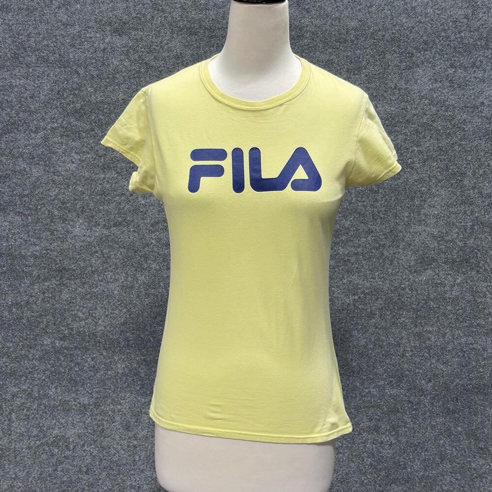 FILA Shirt Womens Small Yellow Logo Crew Neck Short Sleeve Cotton Top Tee